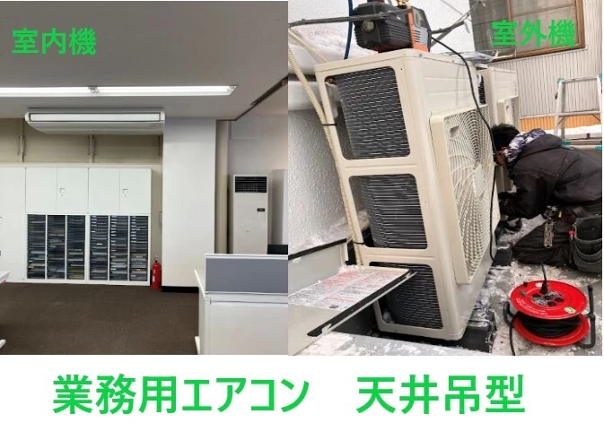 設置した天井吊型の業務用エアコン